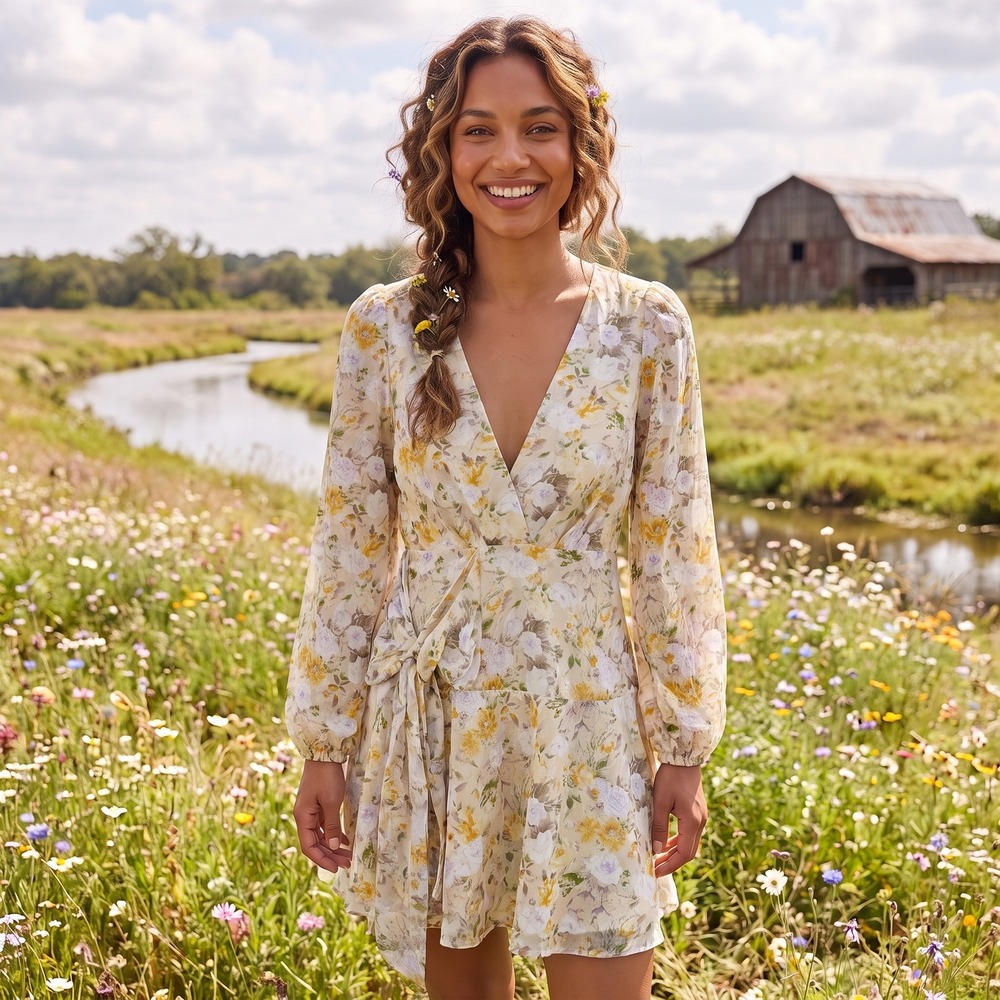 ASTR The Label Floral Cottagecore Mini Wrap Dress XS Yellow Boho Romantic Party